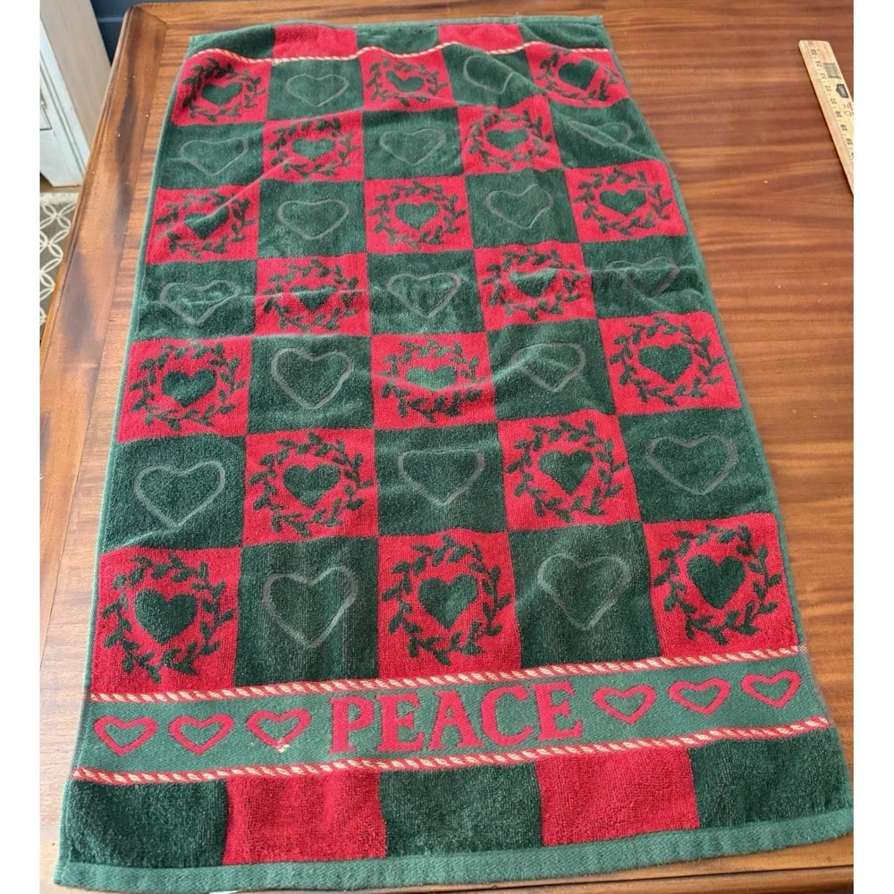 Christmas Peace Towel Set Red Green Checkerboard Hearts Gold Trim Cotton 3-Piece